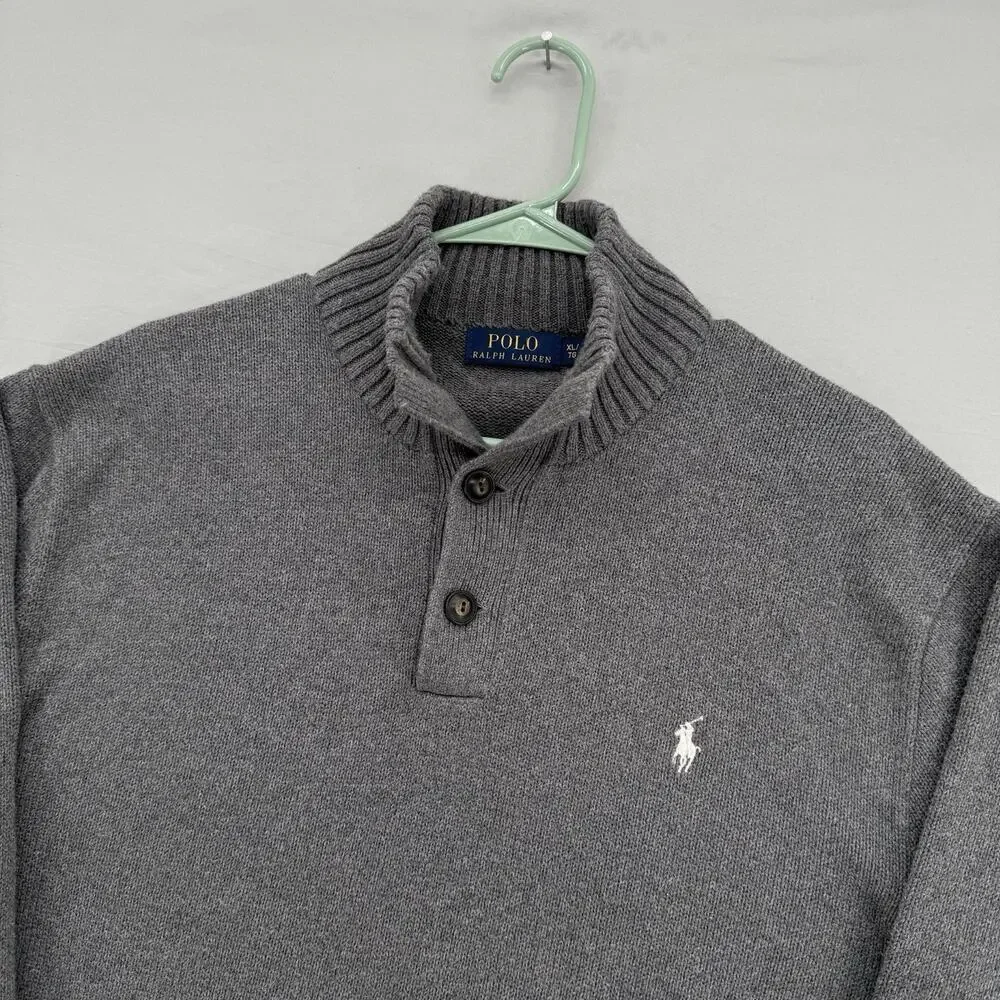 Polo Ralph Lauren Sweater Mens XL Gray Cotton Knit 1/4 Button Mock Neck Pullover